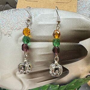 Mardi Gras Silver Crown Drop Earrings with Multicolor Beads 2/$22